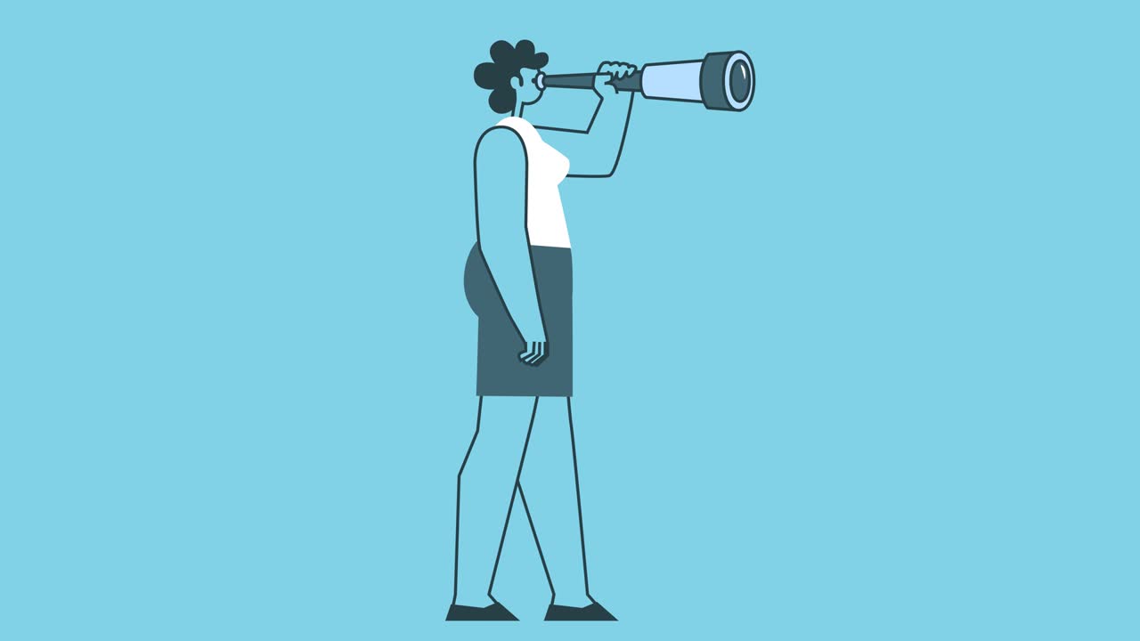 Woman Walking Cycle with Spyglass. Female looks into the distance through a telescope. Flat Design  Cartoon Character Isolated Loop 2d Animation