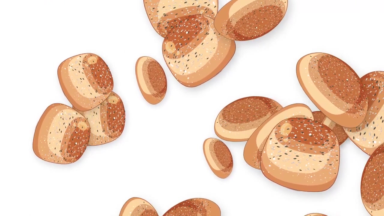 Graphic animation of many seeded bread rolls falling and bouncing against a plain white background.