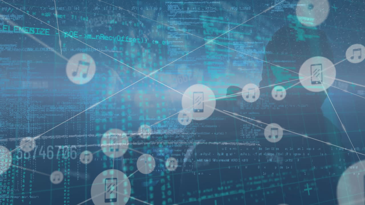 파란색 배경 위의 데이터 처리 및 연결 네트워크의 애니메이션