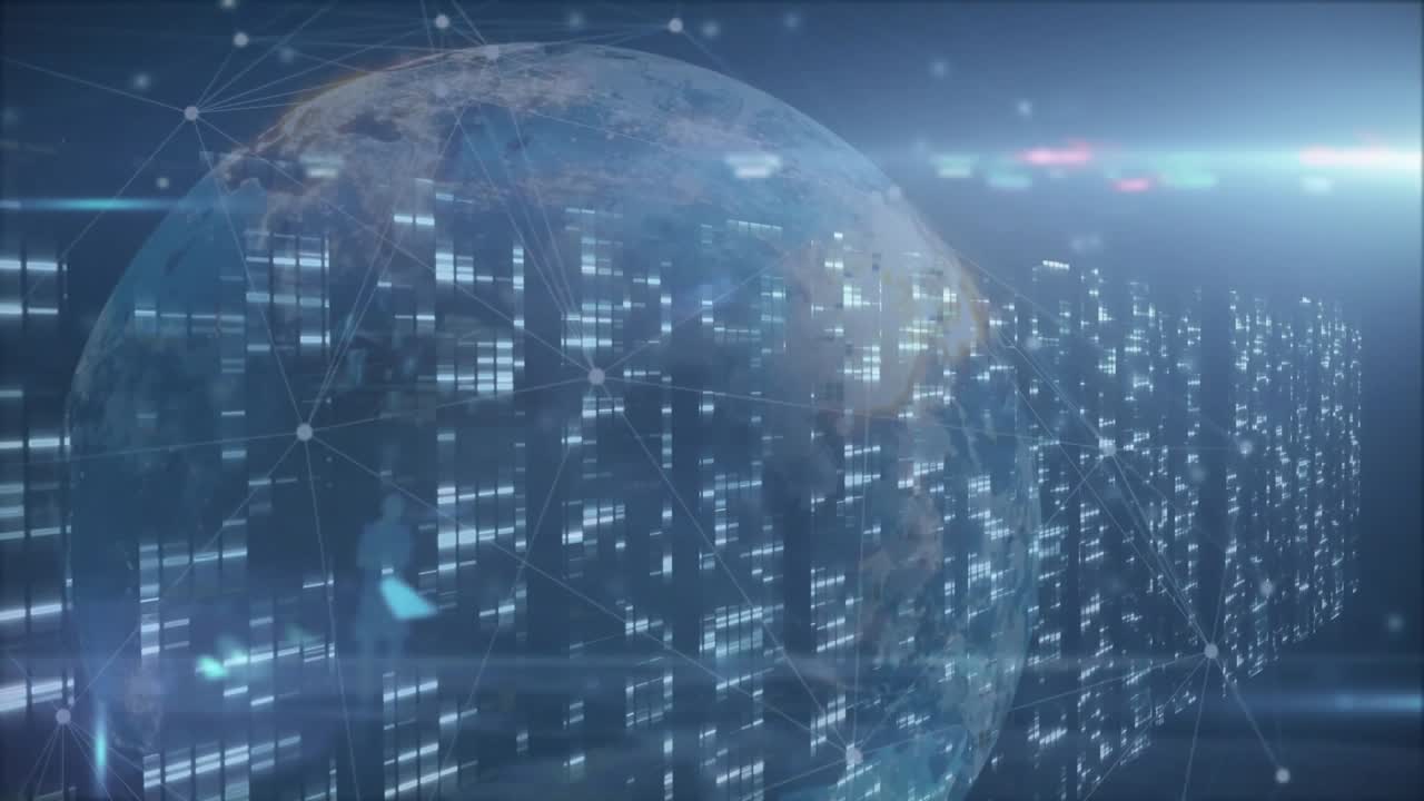 Ripple traveling from globe causing pulses, blocks intensifying, network lines weaving connectivity
