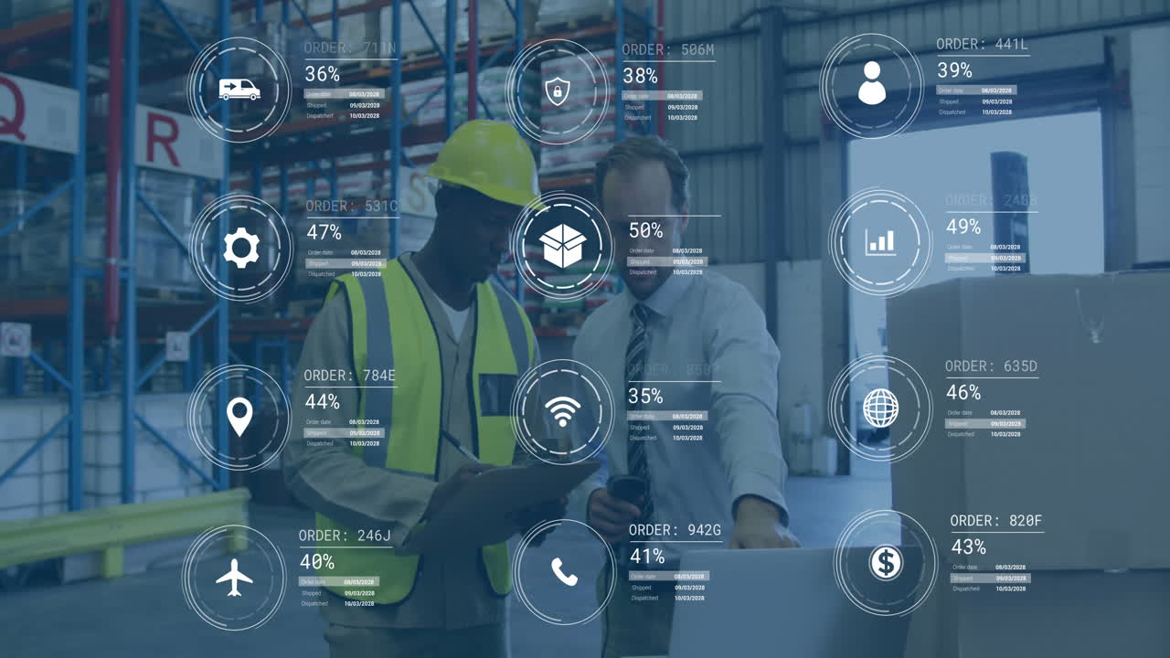 Animation of warehouse workers analyzing digital data overlay with order statistics