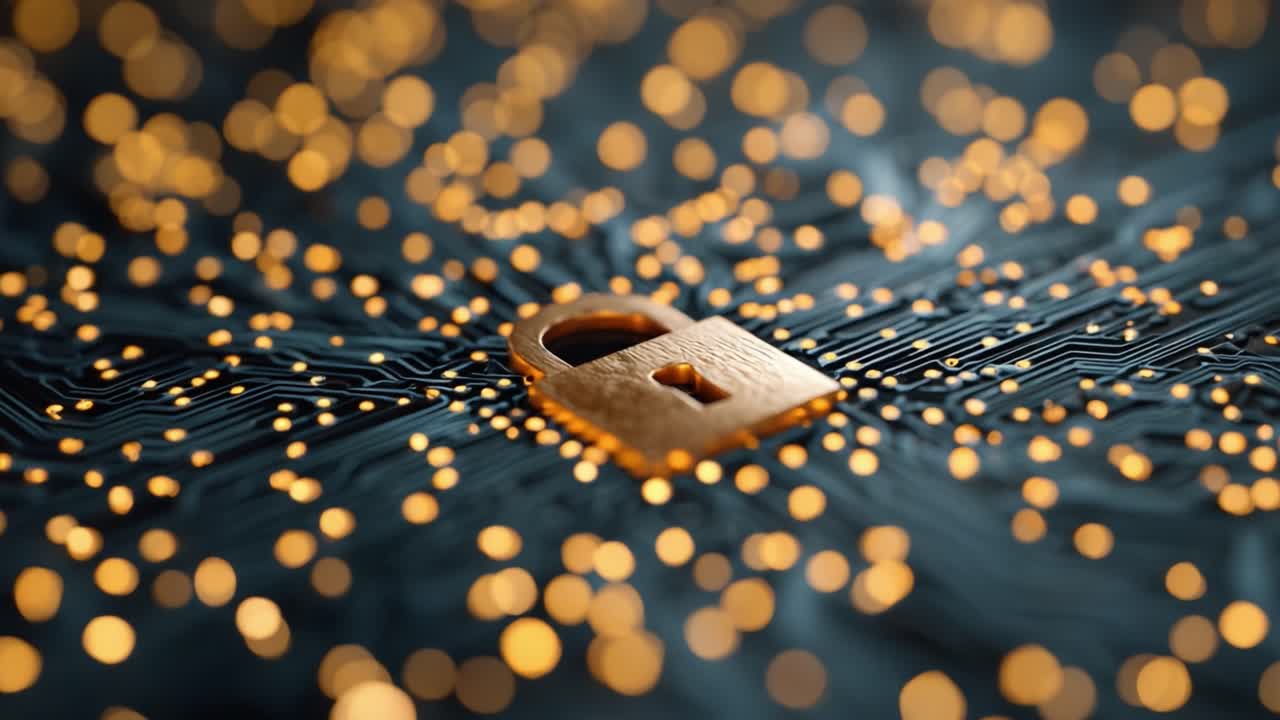 A Close-Up View of a Golden Padlock at the Center of a Circuit Board, Surrounded by Shimmering Lights Representing Cybersecurity and Digital Protection