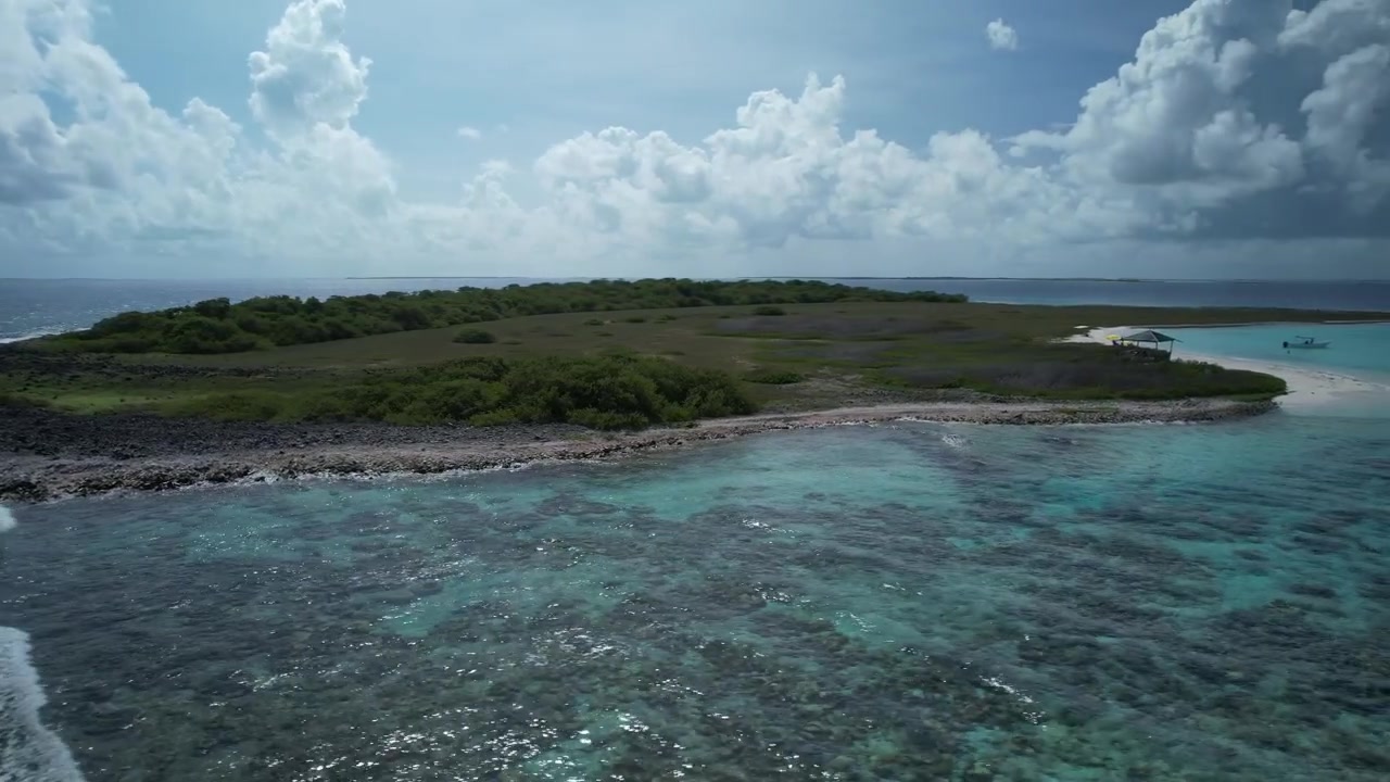 Costa remota con acque turchesi e vegetazione lussureggiante sull'isola di Noronqui sotto un cielo soleggiato
