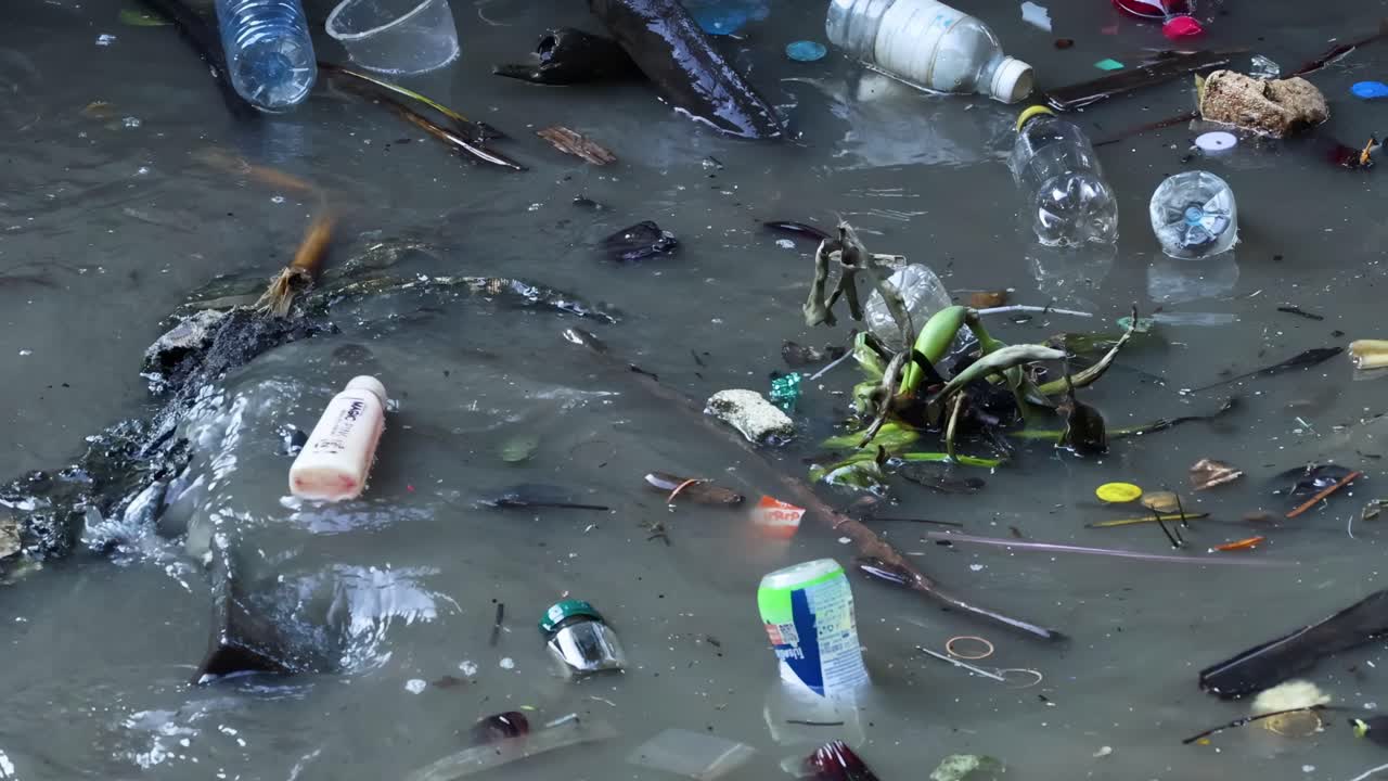 Littered river surface with various floating trash