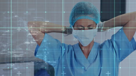 animation of data processing over caucasian female surgeon in hospital