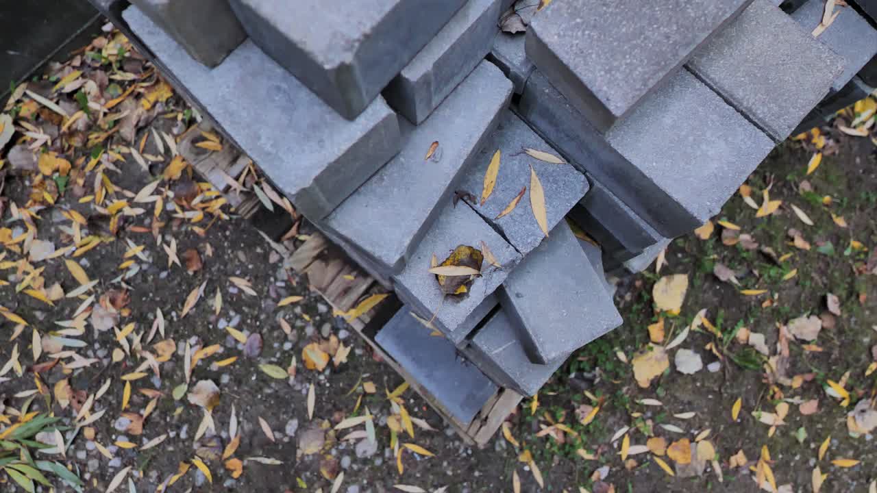 Close-up from above shows contrast between rigid blocks and soft autumn leaves