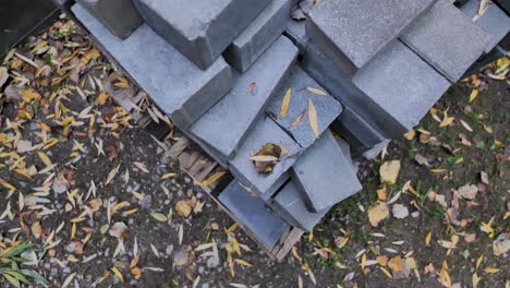 close-up from above shows contrast between rigid blocks and soft autumn leaves