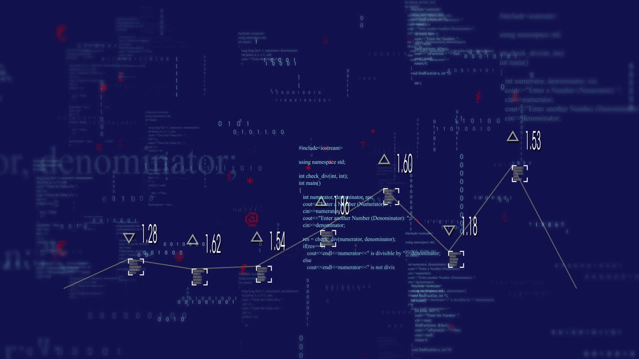 Data processing animation with numerical values and coding over dark blue background
