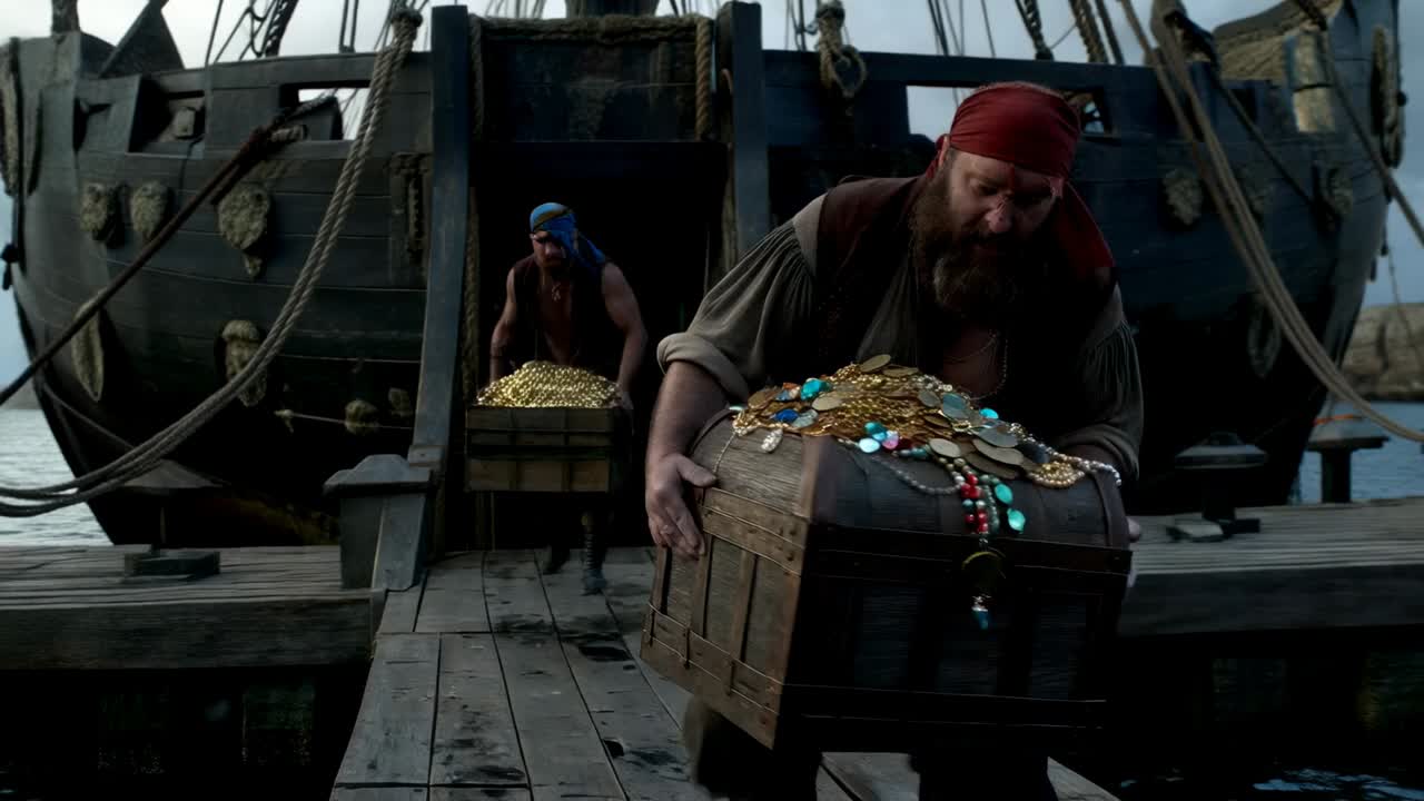 Scarico dopo l'apertura del portellone, marinaio barbuto con bandana rossa che trasporta un baule al molo impilando monete