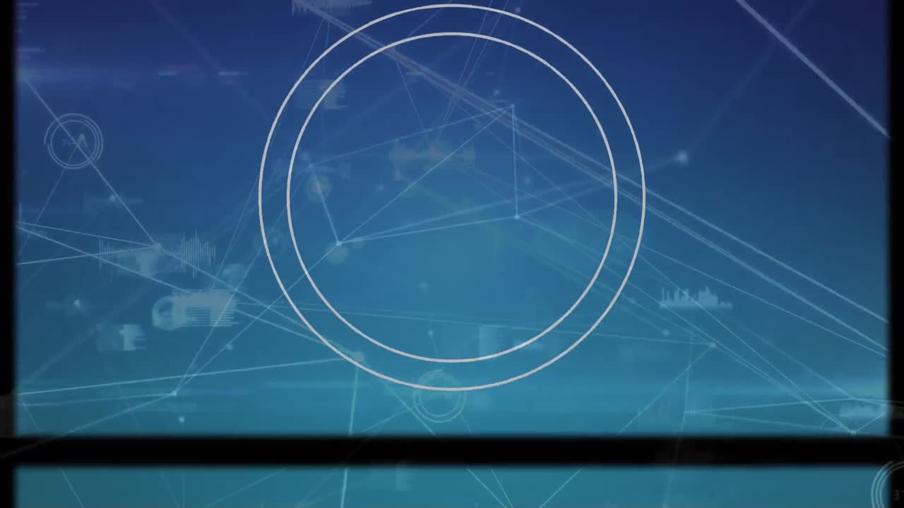 Animation of network of connections and data processing on dark blue background