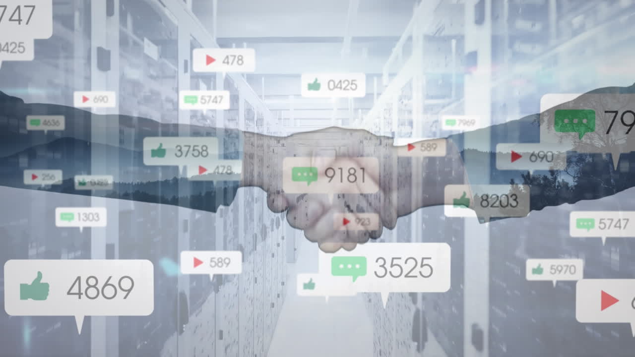 소셜 미디어 아이콘과 번호 및 컴퓨터 서버에 대한 사업가의 악수 애니메이션