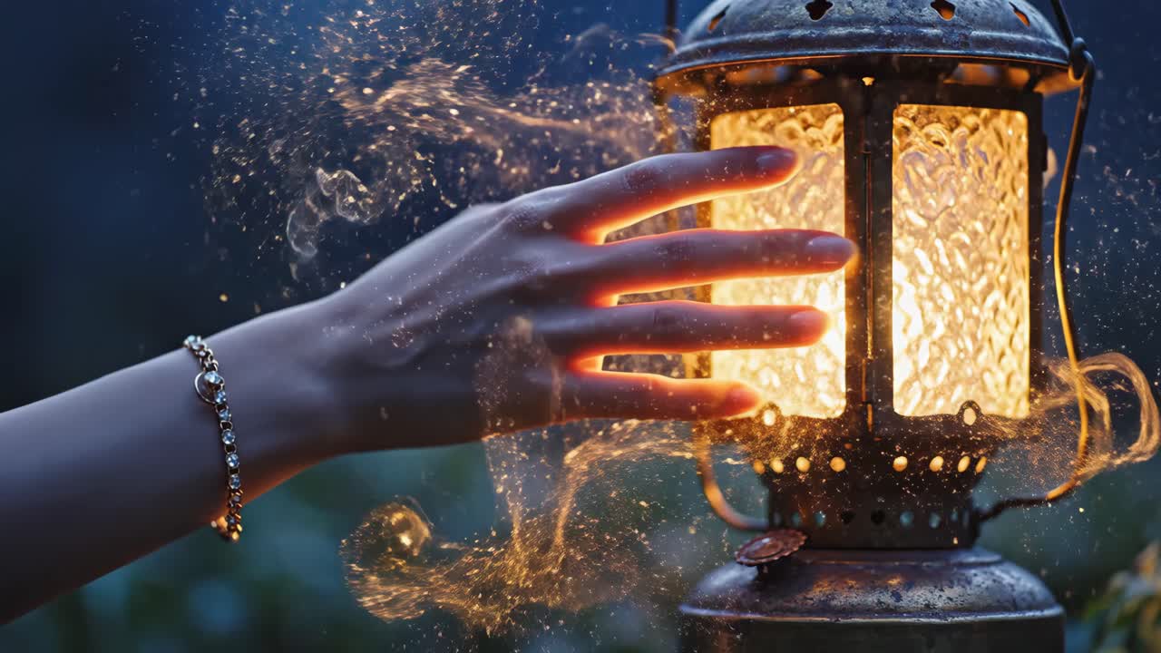Hand touching a glowing vintage lantern with magical sparks