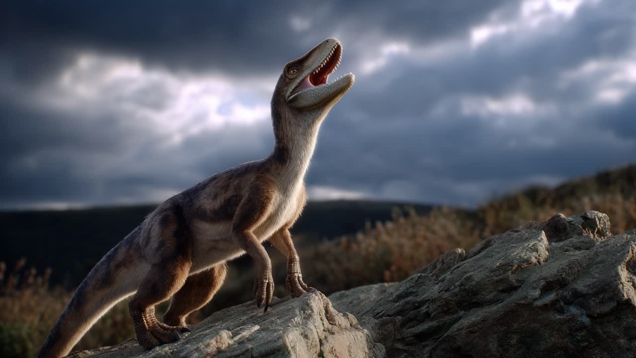 Un rendering realistico di un dinosauro su un affioramento roccioso, che cattura la sua postura attenta e i suoi tratti espressivi sotto cieli nuvolosi drammatici, evocando tempi preistorici