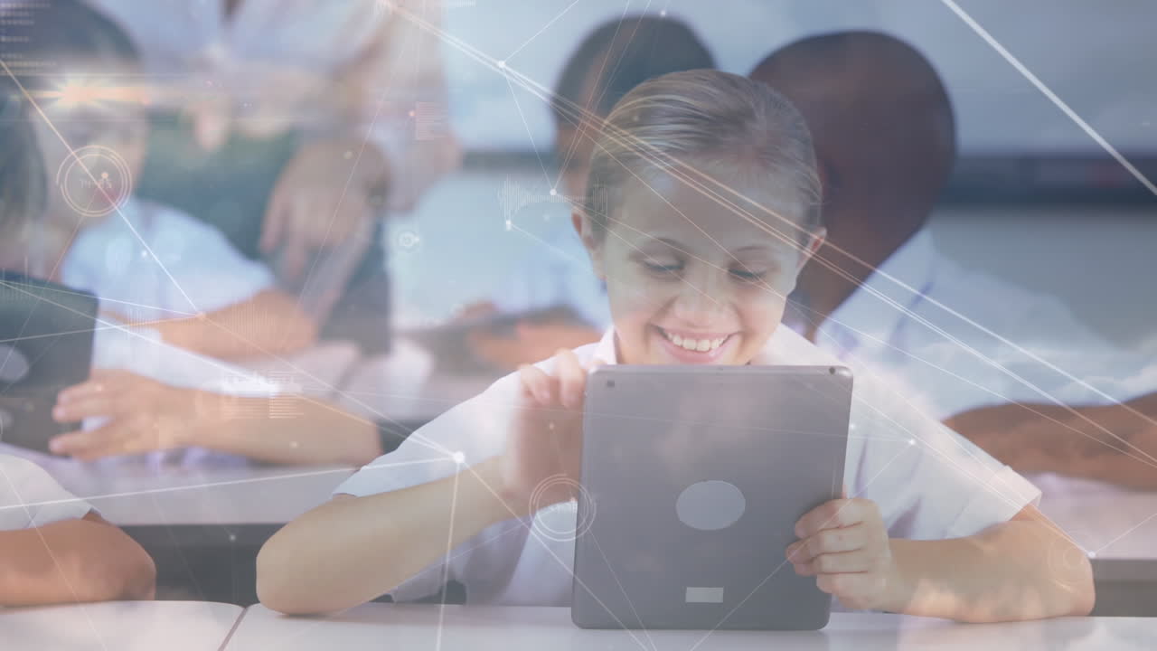 태블릿을 사용하여 다양한 학생들을 연결하는 네트워크의 애니메이션