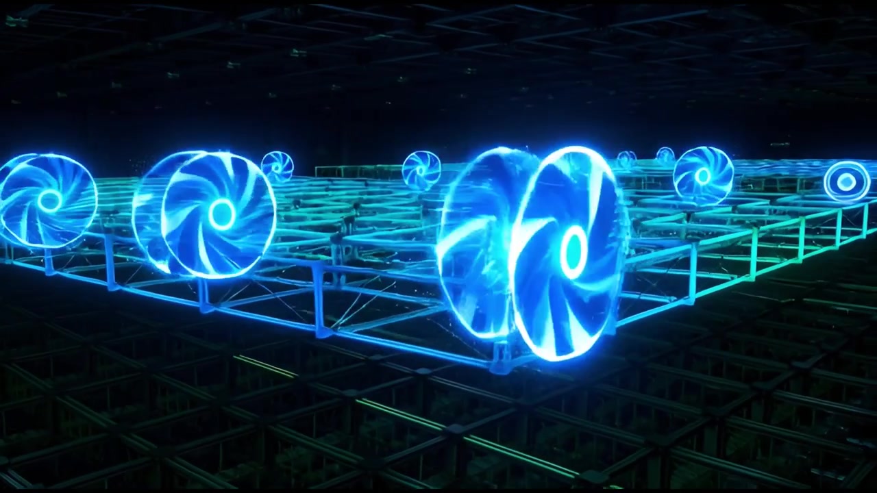 Abstract Digital Grid with Glowing Blue Spinning Fans