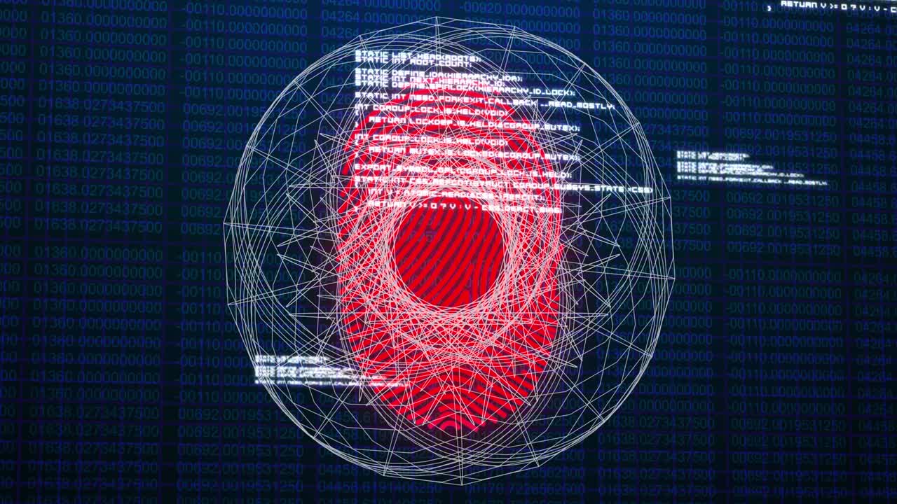 Animation of scanning fingerprint, with information and research data processing on black