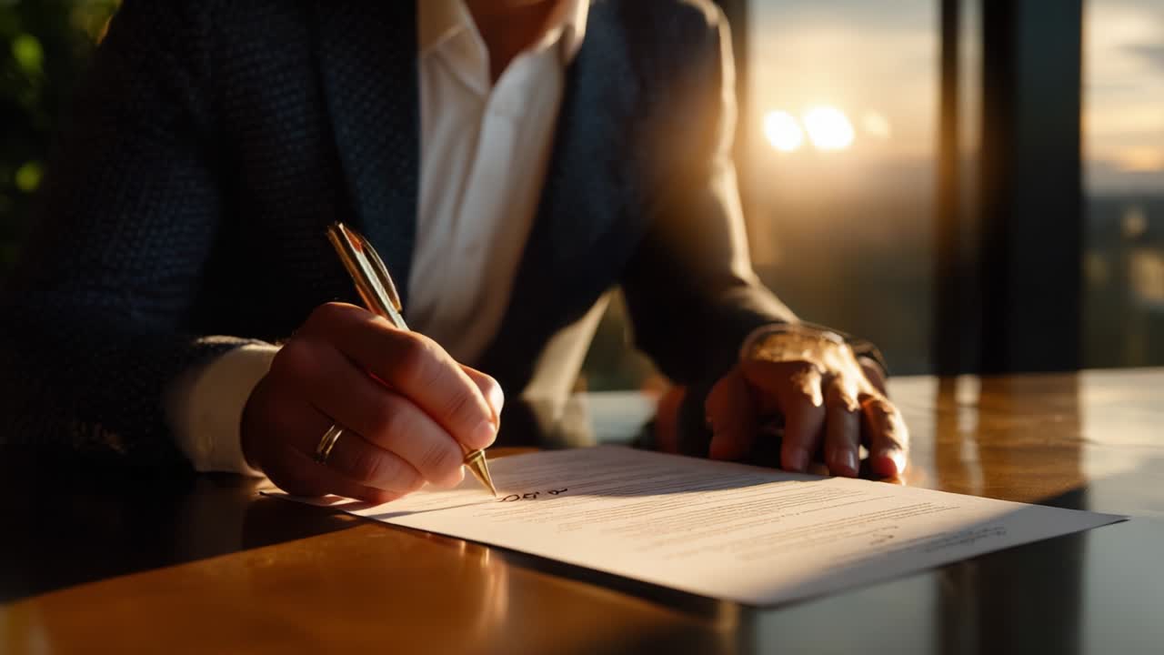 Capturing a Moment of Professional Commitment: A Business Person Signing Important Documents with Intent Focus in a Sunlit Environment, Illustrating Dedication and Professionalism in Work