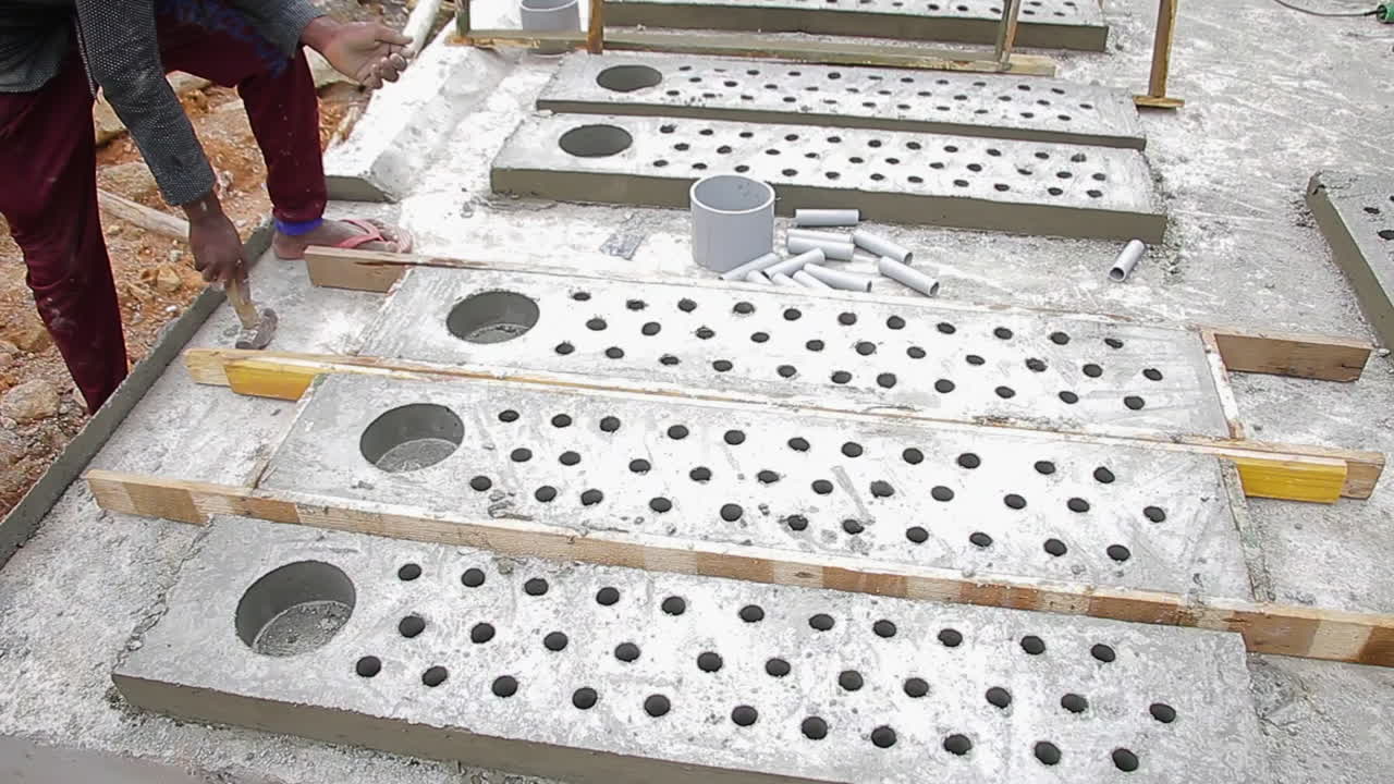Wooden slab removal by an Indian mason worker using hammer to expose concrete, focus on construction process