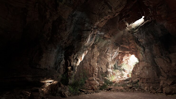 A dark and mysterious cave with a light at the end