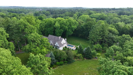 aerial view of suburban mansion backyard pool