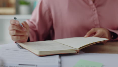 writing, schedule and hands of business woman