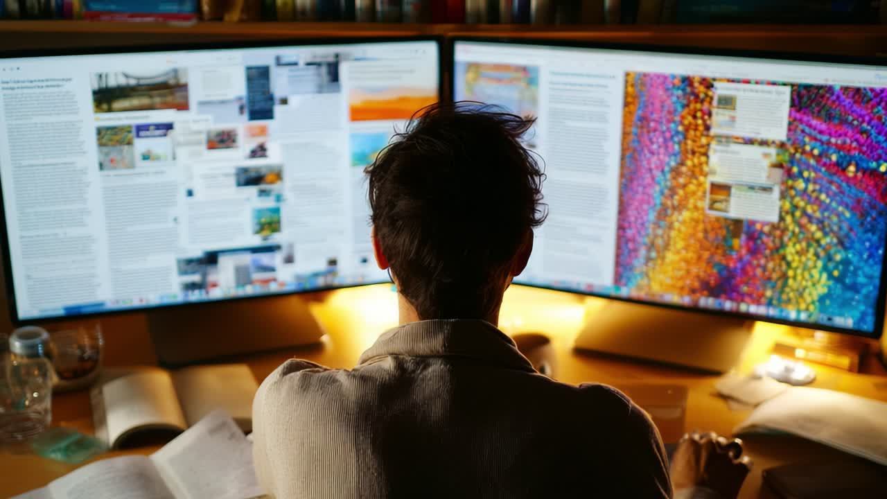 Focused Individual Engaged in Work at Dual Monitor Setup, Surrounded by Various Resources, Typing and Analyzing Information on Multiple Digital Platforms for Enhanced Productivity