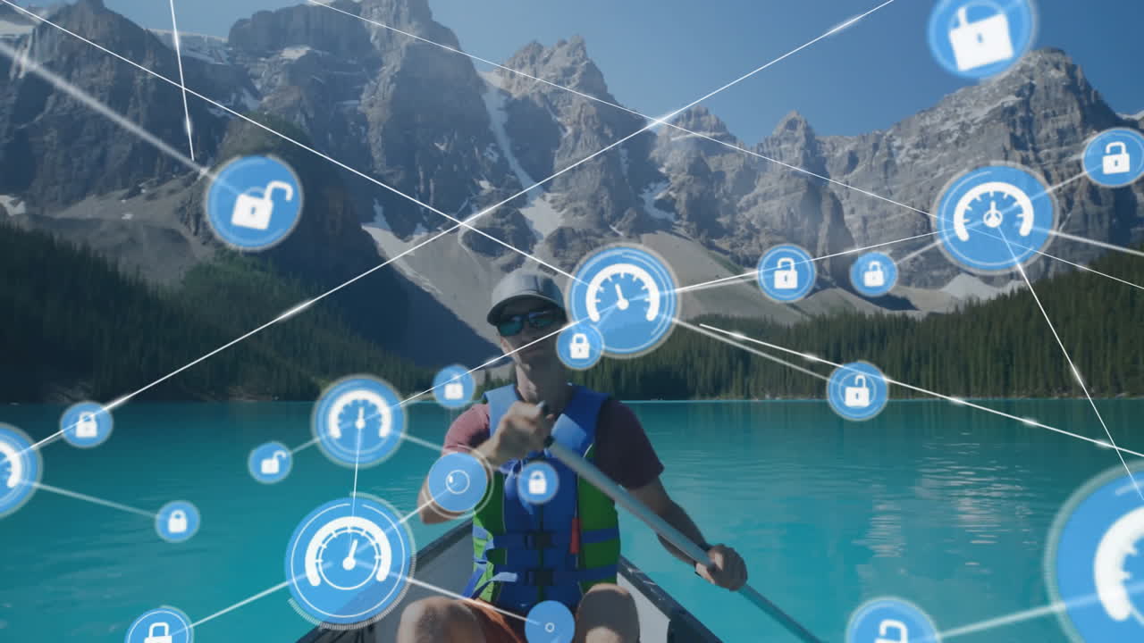 animación de la red de conexiones con iconos sobre hombre caucásico en barco en el lago en las montañas