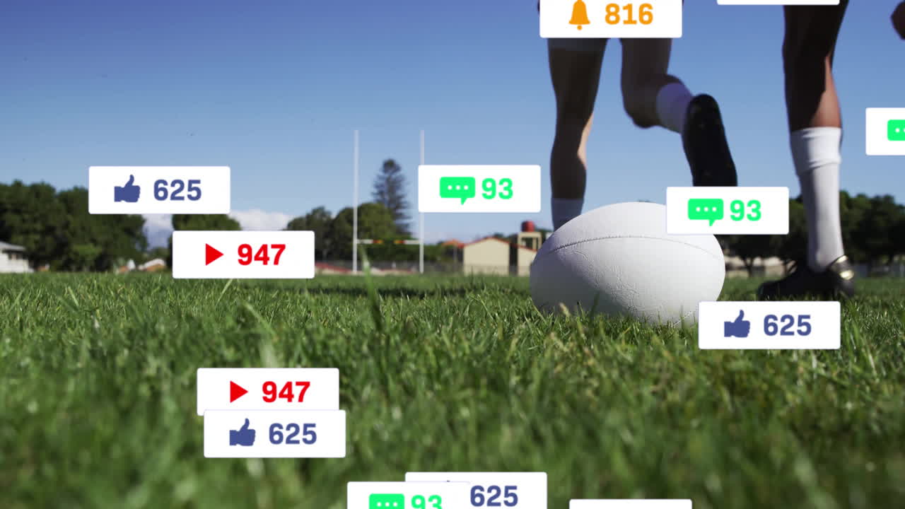 rugby player positioning cleated foot behind ball, showing floating social icons for sports tech
