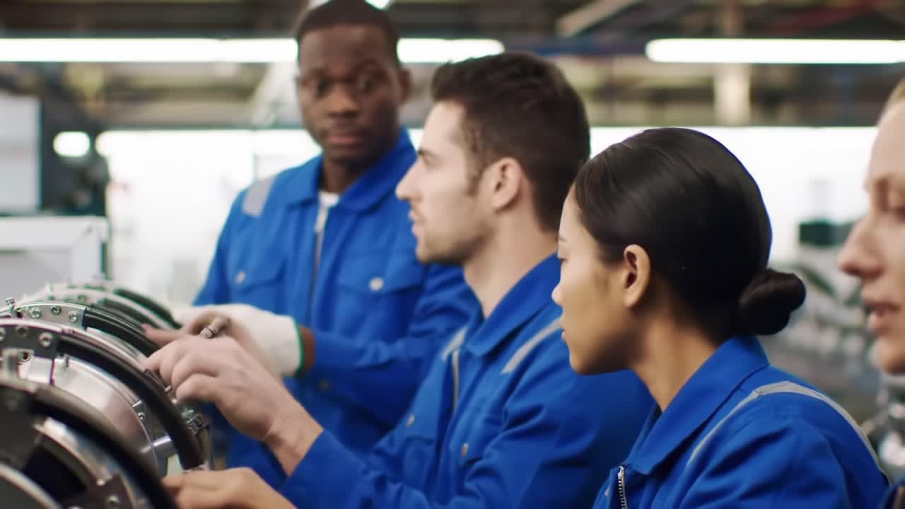 Factory Workers Assembling Machinery