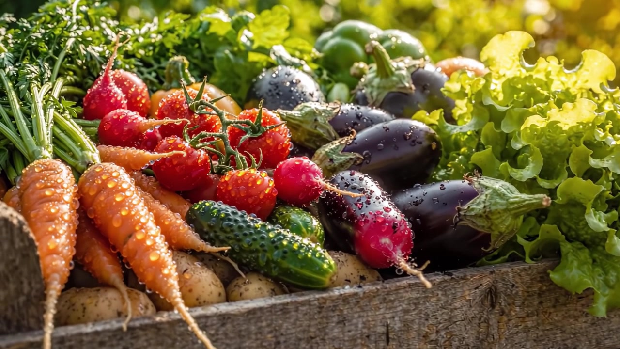 Cosecha de Verduras Frescas: Una vibrante exhibición de productos coloridos que incluye zanahorias, tomates y verduras de hoja, recolectados en una caja de madera rústica