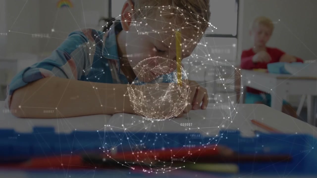 Male student leaning forward and tracing letters on paper for class assignment with pulsing globe
