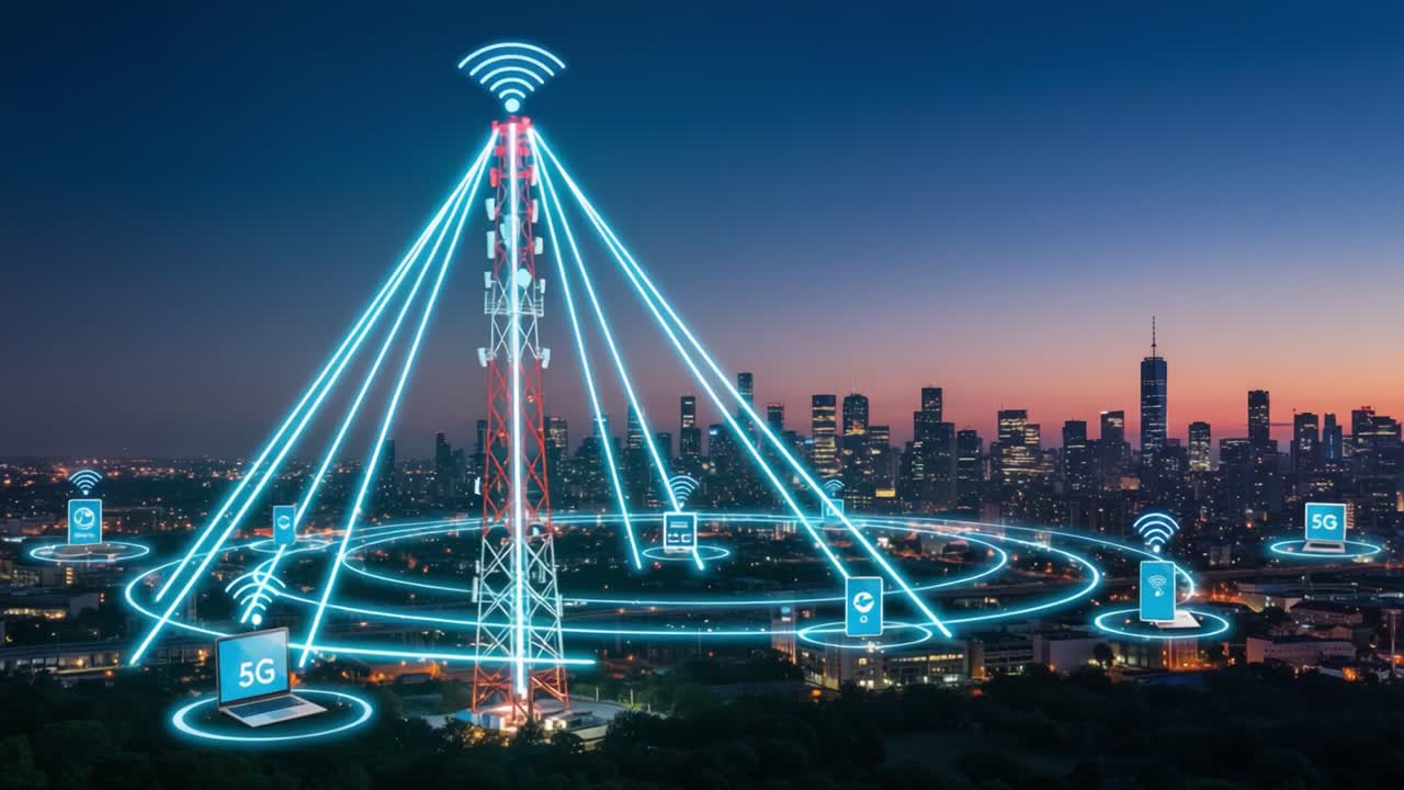 Advanced 5G Technology Connectivity in Urban Landscape: Illustrating the Expanding Network of Communication Towers and Devices in a Modern City