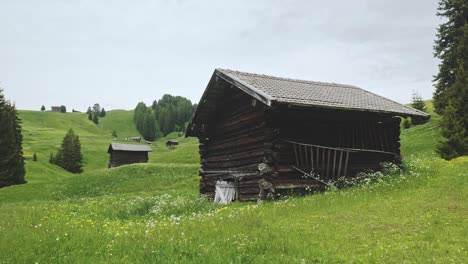 mountain shepherd huts on spring alpine meadow animal grazing pasture