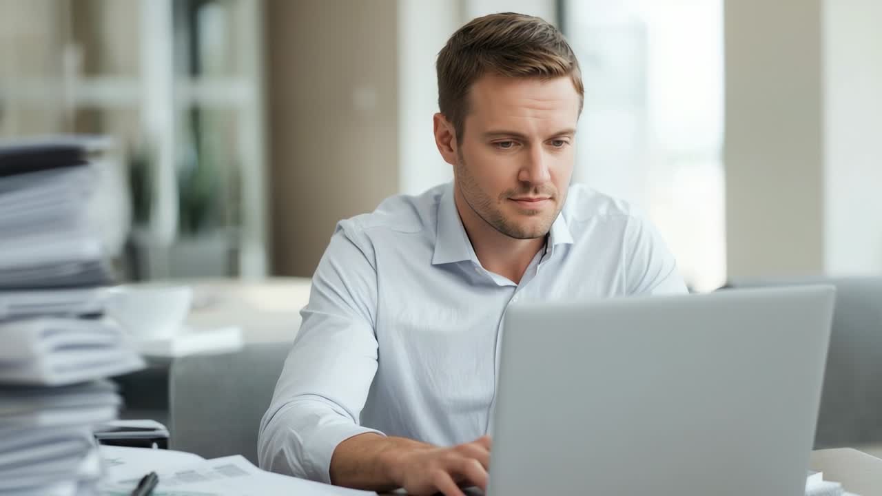 Sitting upright, office worker typing to process paperwork in modern workspace, with laptop and pen