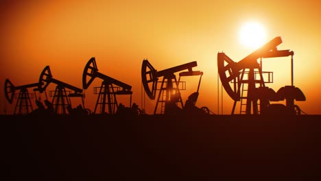 working oil pumps at sunset from oil field orange sky seamless. looped 3d animation many drilling extraction pumps under evening sun. oil gas petroleum industry business concept