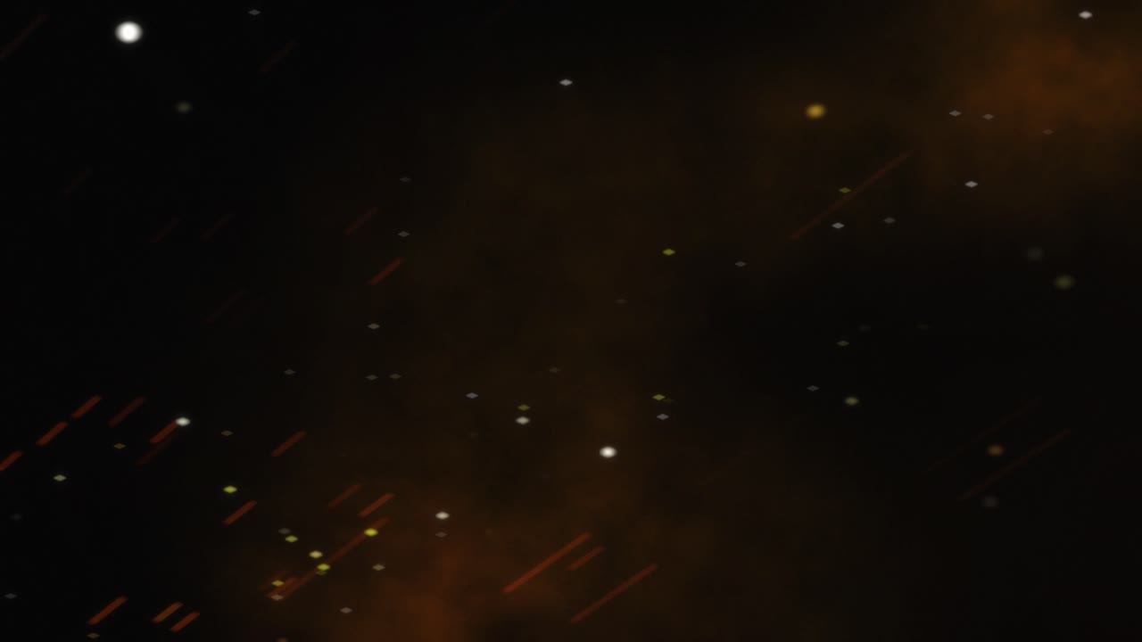 un'animazione a rallentatore di scintille, braci e fumo, che sorge da una fonte fuori schermo