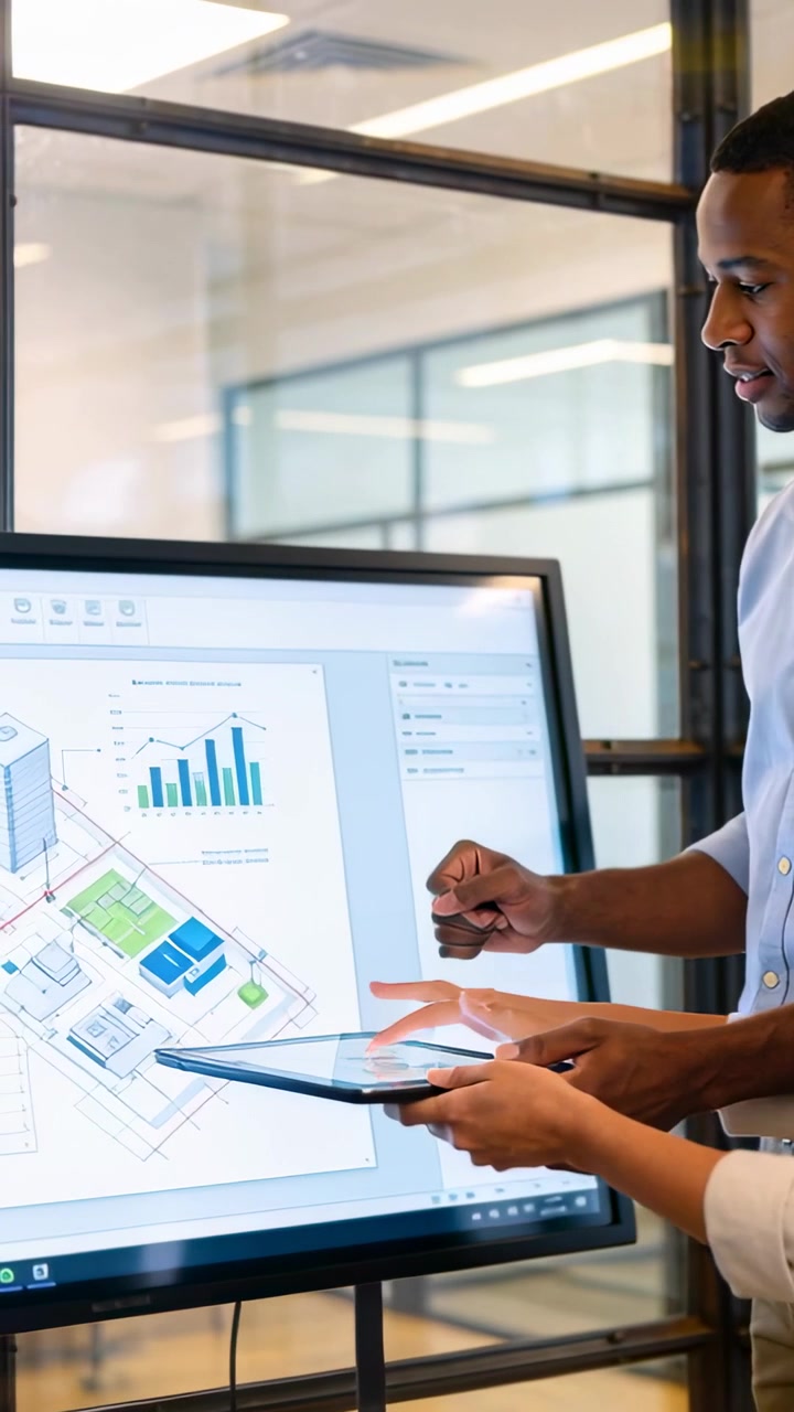 Vertical video: After tablet offering man in blue shirt in office pointing at display checking data
