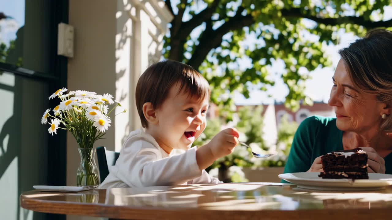 Joyful Grandchild and Grandmother Sharing Cake at an Outdoor Cafe