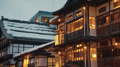 japanese ryokans at night, ginzan onsen illuminated by gas lamps