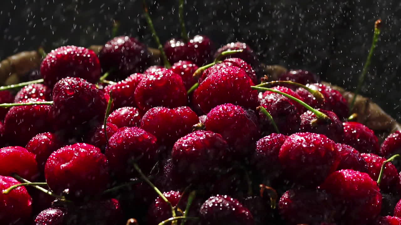 las cerezas rojas giran en la canasta