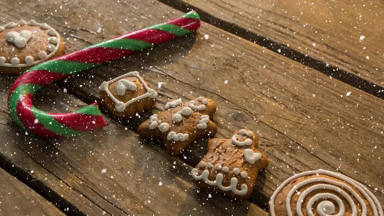 Falling snow with Christmas sweets decorations