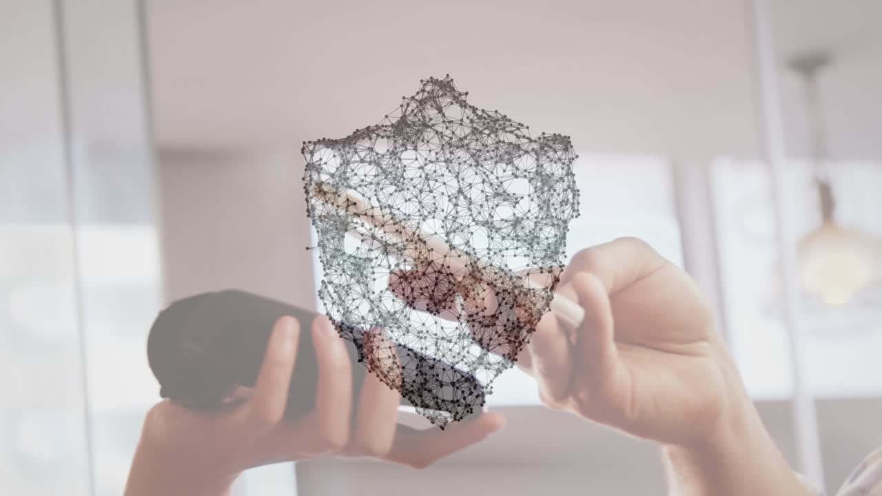 animación de la red de conexiones con escudo de seguridad sobre las personas que utilizan el terminal de pago