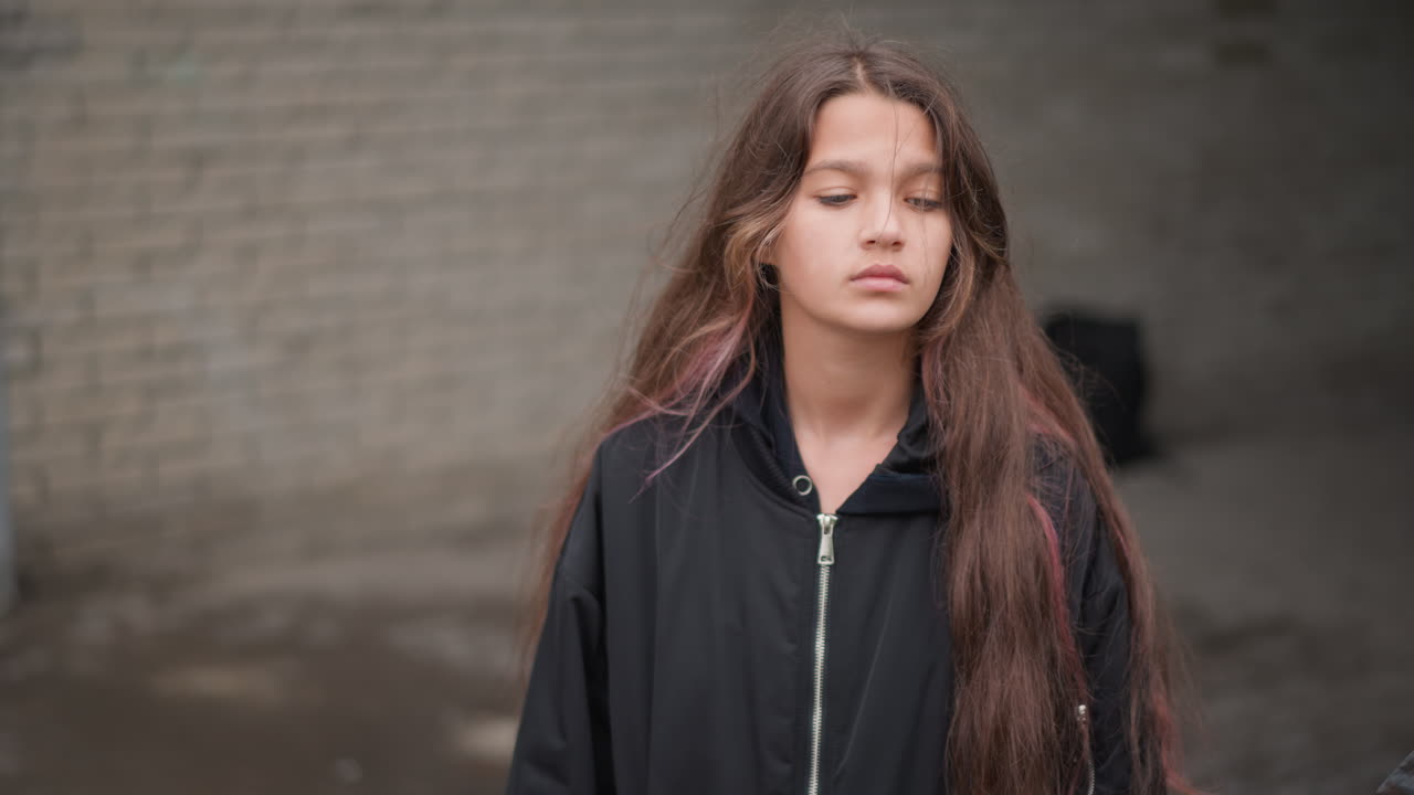 Una donna guarda in alto. Sguardo verso il cielo con capelli bagnati. Donna con capelli umidi che guarda serenamente il cielo sopra di sé. Donna calma con goccioline sui capelli che guarda il cielo urbano nuvoloso che si riflette dolcemente