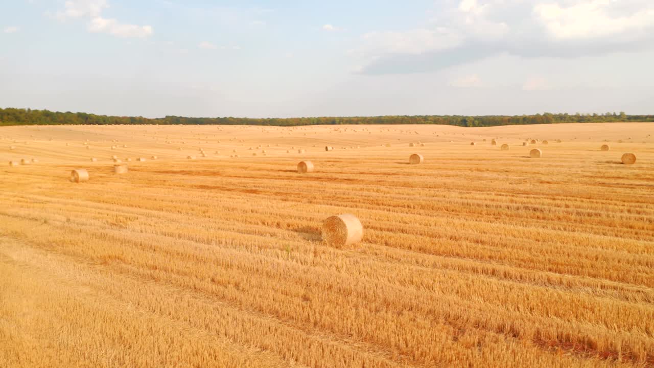 Drone flying above picturesque farmland with golden haystacks on a sunny day.