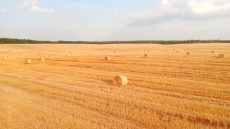 drone flying above picturesque farmland with golden haystacks on a sunny day.