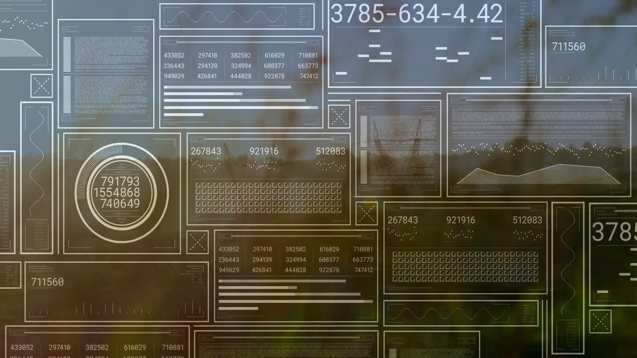 Translucent digital UI panels floating over blurred field, showing graphs, code blocks, gauge