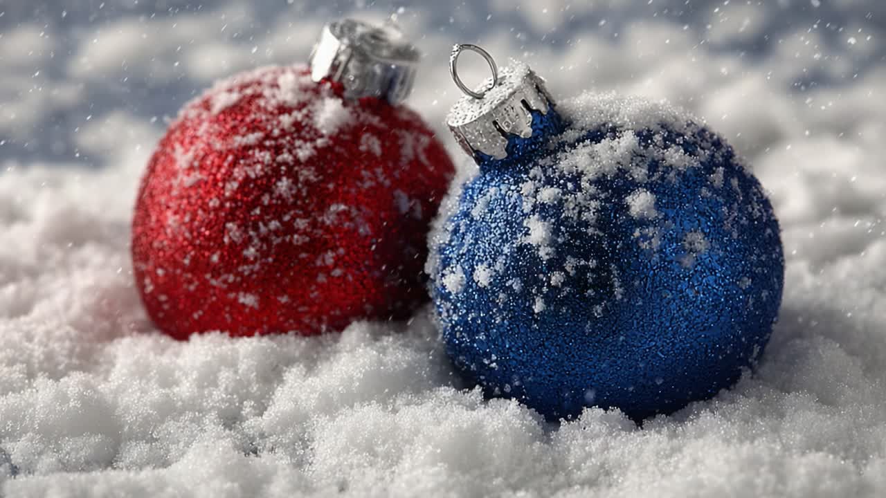 A Festive Scene Featuring Glittering Red and Blue Christmas Ornaments Nestled in a Blanket of Fresh Snow, Capturing the Essence of Holiday Cheer and Winter Wonder