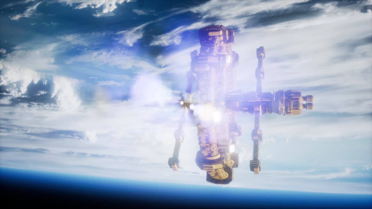 매우 상세한 거대한 우주선이 지구에 접근하고 있습니다.