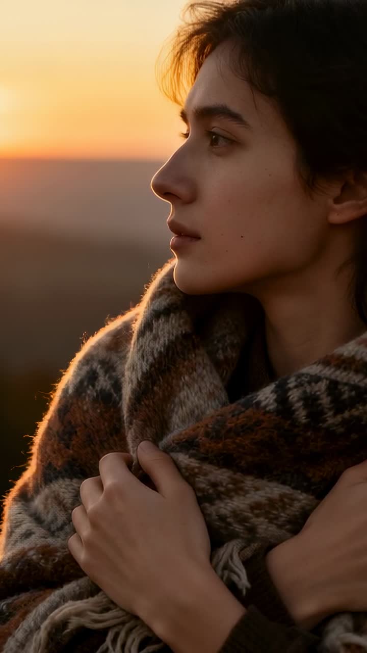 Video vertical: Mujer de pie aferrada a un chal de lana en una colina mientras el sol se pone, manteniéndose abrigada, con espacio para texto.