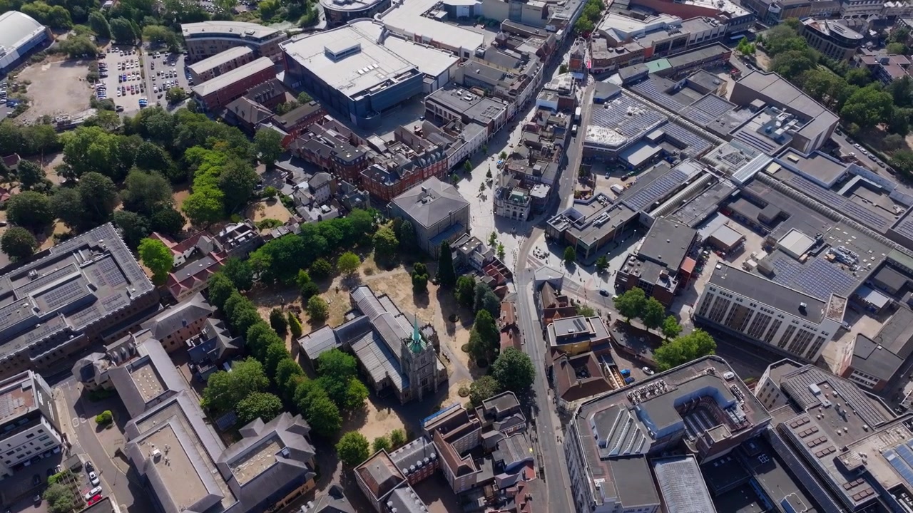 Aerial shot over chelmsford cathedral and high street